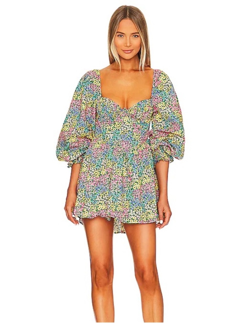 For Love & Lemons Ruth Floral Mini Dress 2X Puff Sleeve Open Back